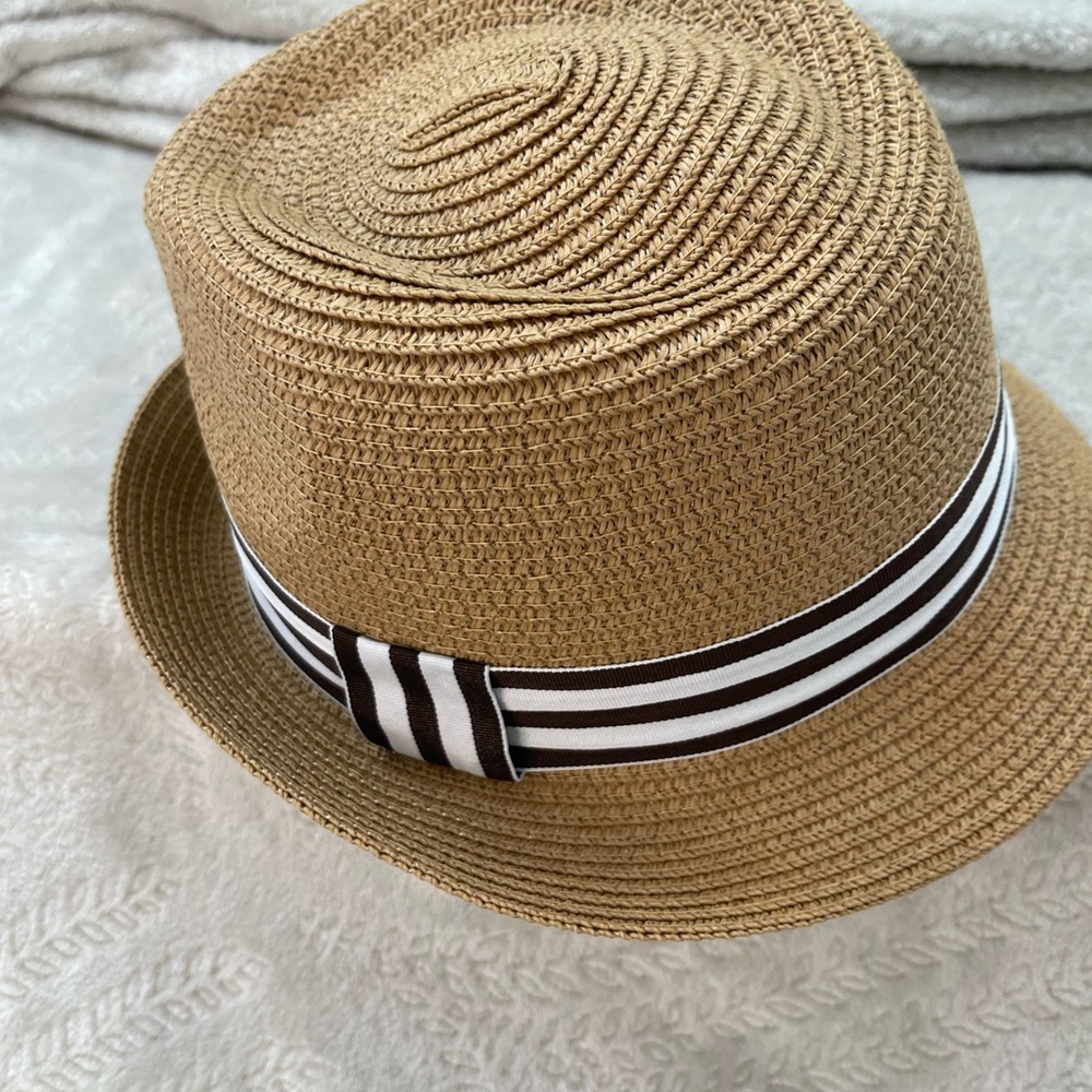 Tan Straw Hat with Striped Band - Picture 7 of 9